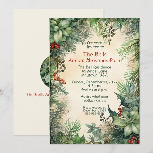 Green Christmas Flowers Annual Christmas Party  Invitation (Front/Back)