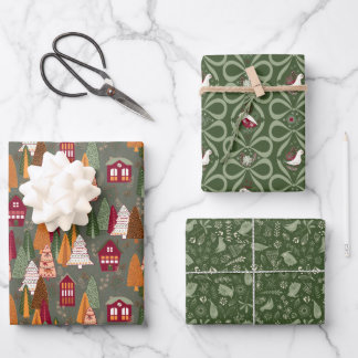 Green Christmas Forest Village Birds Houses Wrapping Paper Sheet