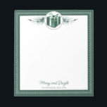 Green Christmas Gift Personalized Notepad<br><div class="desc">Celebrate the season with a touch of charm and functionality with this Green Christmas Gift Personalized Holiday Notepad. Featuring a beautifully wrapped Christmas gift surrounded by holiday pine botanicals and framed with a delicate diamond border. “Merry and Bright” stands out in a stylish elegant script and text to personalize in...</div>