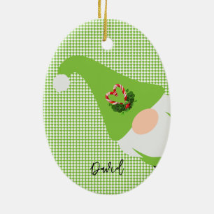 green christmas gnome pattern name chequered fun ceramic ornament