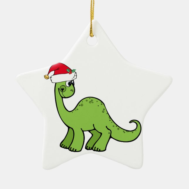 Green Christmas Kids Dinosaur Santa Ceramic Ornament (Front)