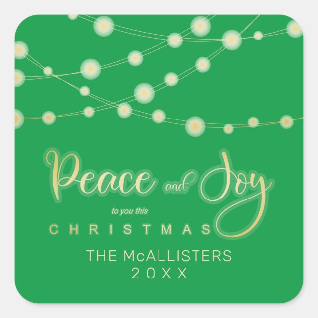 Green Christmas Lights Peace Joy Whimsical Script Square Sticker (Front)
