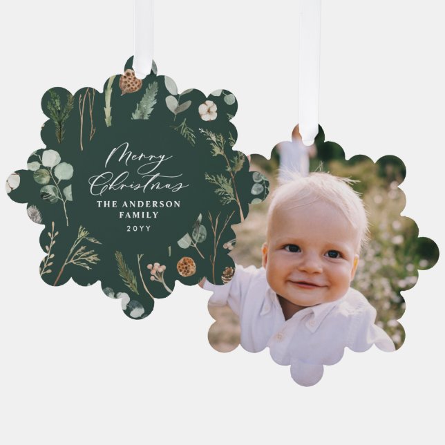 green Christmas minimal botanical photo Ornament Card (Front/Back)