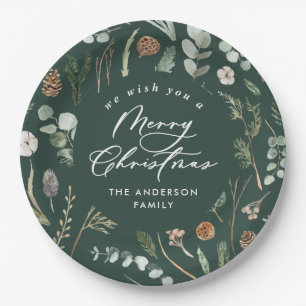 Green Christmas minimal elegant botanical Paper Plate