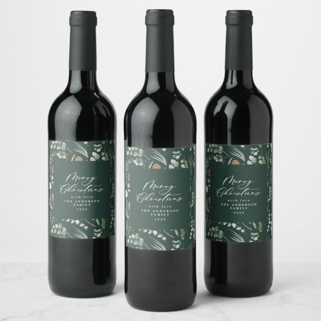 Green Christmas minimal elegant botanical Wine Label (Bottles)