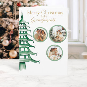 Green Christmas Pagoda Tree Grandparent 3-Photo Card