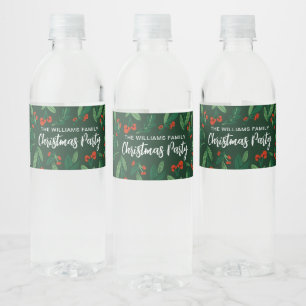 Green Christmas Party Holly Berry Personalized Water Bottle Label