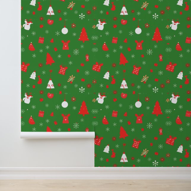 Green Christmas Pattern with Red Accents Wallpaper (Application)