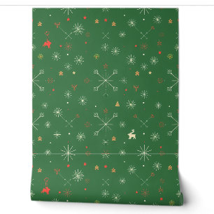 Green Christmas Pattern with Snowflakes & Icons Wallpaper