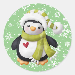 Green Christmas Penguin Round Sticker