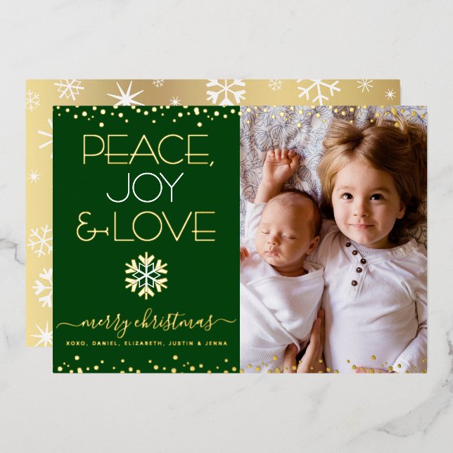 Green Christmas Photo Peace Joy Love Real Gold Foil Holiday Card (Front/Back)