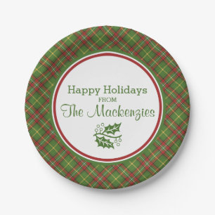 Green Christmas Plaid Pattern Personalized Paper Plate