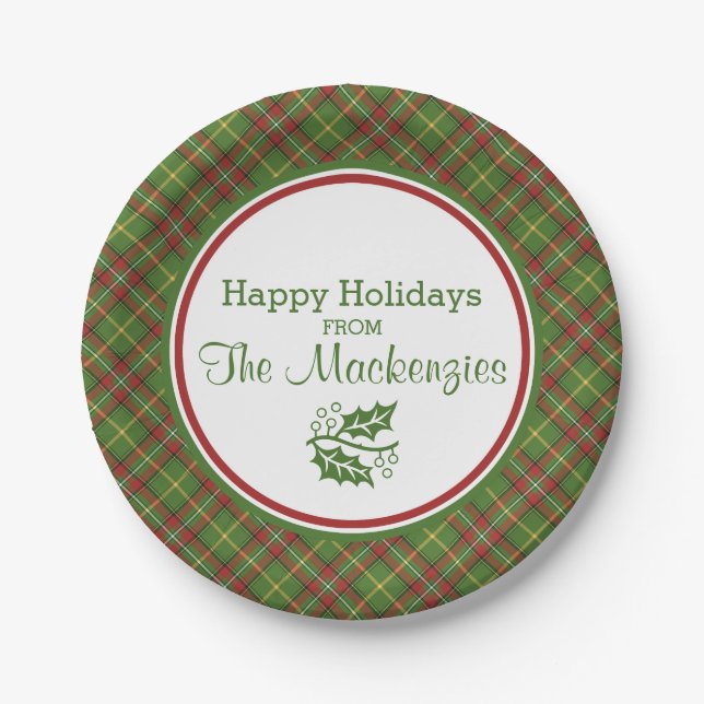Green Christmas Plaid Pattern Personalized Paper Plate (Front)