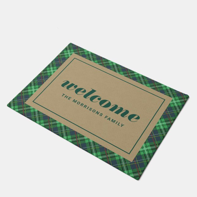 Green Christmas Plaid Personalized Welcome Doormat (Angled)