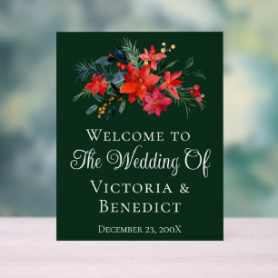 Green Christmas Poinsettia Floral Welcome Wedding Acrylic Sign
