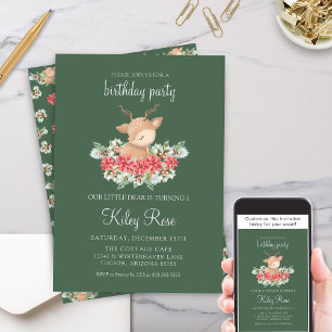 Green Christmas Poinsettia Little Deer Birthday Invitation