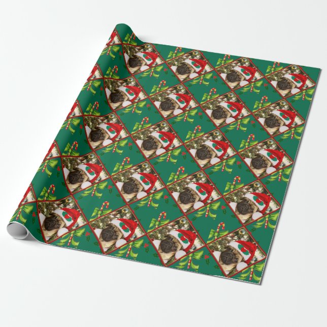Green Christmas Pug wrapping paper (Unrolled)