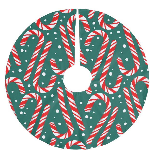 Green Christmas Red and White Candy Canes and Snow Brushed Polyester Tree Skirt (Front)