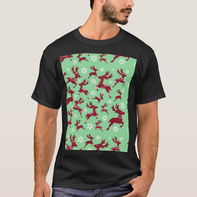 Green Christmas Reindeer Pattern T-Shirt (Front)