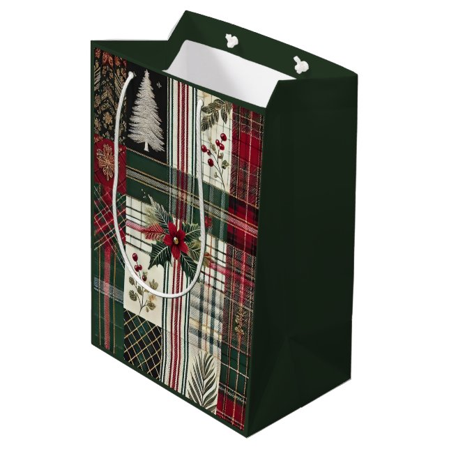 Green Christmas Rustic Plaid Wrapping Paper Medium Gift Bag (Back Angled)