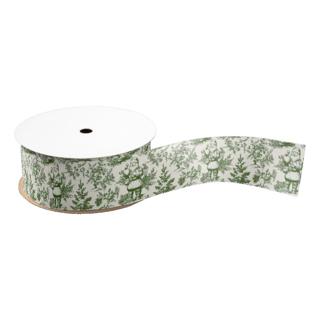 Green Christmas Santa Toile Grosgrain Ribbon (Spool)