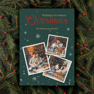 Green Christmas Snow Flakes Photo Collage Holiday Card