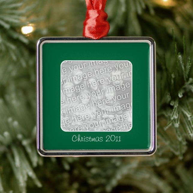 Green Christmas Square Border Photo Metal Ornament (Tree)
