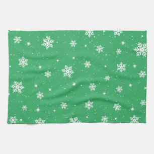 Green Christmas Stars Snowflakes Pattern Kitchen Towel