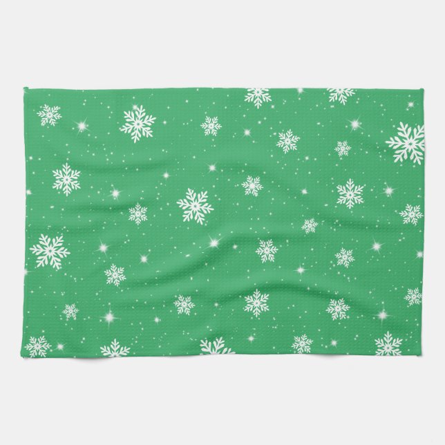 Green Christmas Stars Snowflakes Pattern Kitchen Towel (Horizontal)