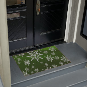 Green Christmas stars with white ice crystal Doormat