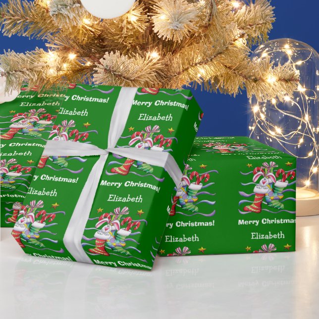 Green Christmas Stocking Bunny Personalized Wrapping Paper (Holidays)