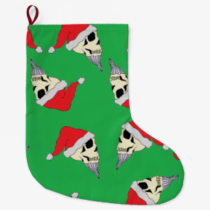 Green Christmas Stocking With Santa Claus Skulls 