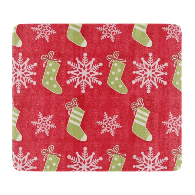 Green Christmas Stockings and Snowflakes Cutting Board (Front)