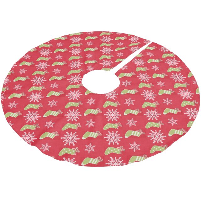 Green Christmas Stockings and Snowflakes Red Brushed Polyester Tree Skirt (Angled)
