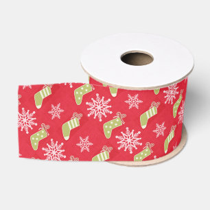 Green Christmas Stockings and Snowflakes Red Grosgrain Ribbon