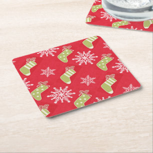 Green Christmas Stockings and Snowflakes Red Square Paper Coaster