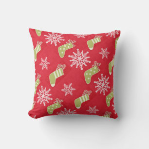 Green Christmas Stockings and Snowflakes Red Throw Pillow