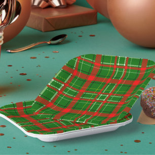 Green Christmas Tartan Plaid Pattern Design Paper Plate