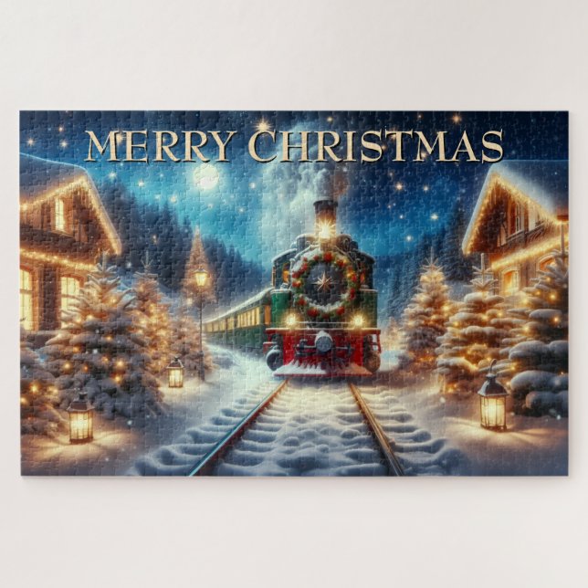 Green Christmas Train in Snowy Village Jigsaw Puzzle (Horizontal)