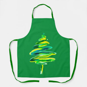 Green Christmas tree abstract watercolor Apron