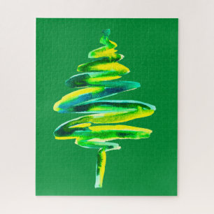Green Christmas tree abstract watercolor Jigsaw Puzzle