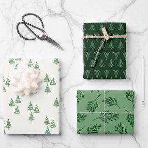 Green Christmas Tree and Botanical Holiday Leaves Wrapping Paper Sheet
