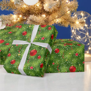 Green Christmas Tree and Christmas Ornaments Wrapping Paper