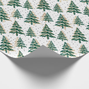 Green Christmas Tree and Gold Faux-Glitter Pattern Wrapping Paper