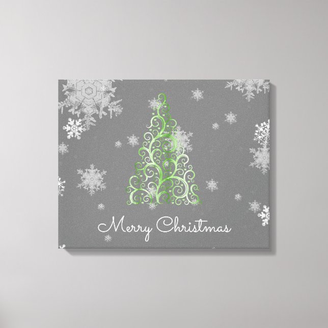 Green Christmas Tree and Snowflakes Canvas Print (Front)