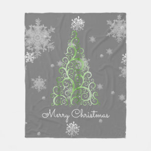 Green Christmas Tree and Snowflakes Fleece Blanket