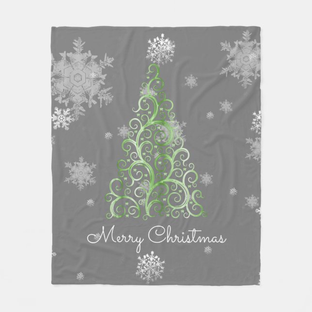 Green Christmas Tree and Snowflakes Fleece Blanket (Front)