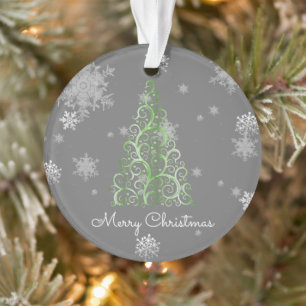 Green Christmas Tree and Snowflakes Ornament
