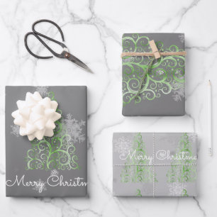 Green Christmas Tree and Snowflakes Wrapping Paper