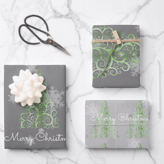 Green Christmas Tree and Snowflakes Wrapping Paper (Front)